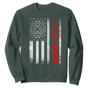 1 Year Sober Sweatshirt 1 Year Sobriety Anniversary Vintage American Flag TS11 Dark Forest Green Print Your Wear