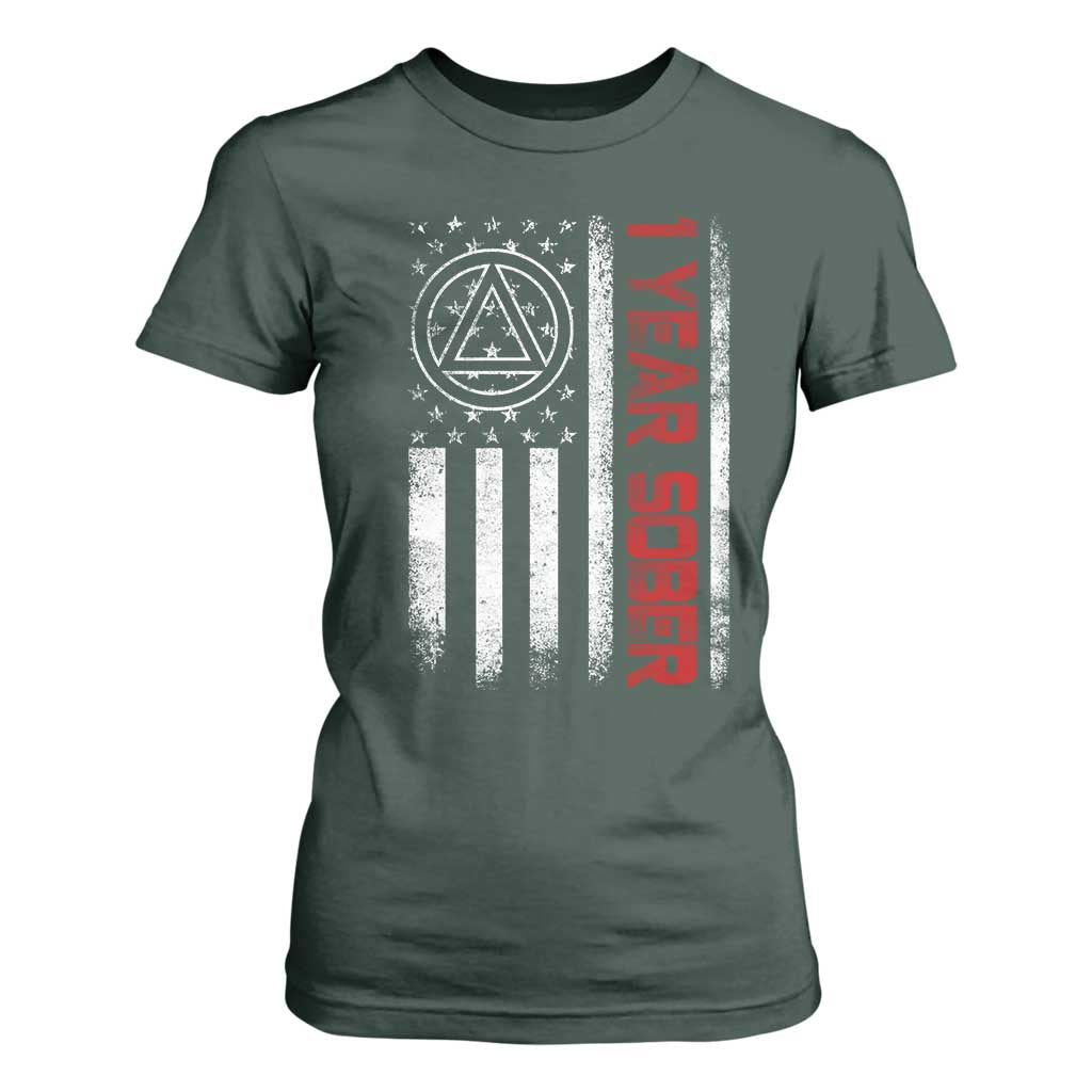 1 Year Sober T Shirt For Women 1 Year Sobriety Anniversary Vintage American Flag TS11 Dark Forest Green Print Your Wear