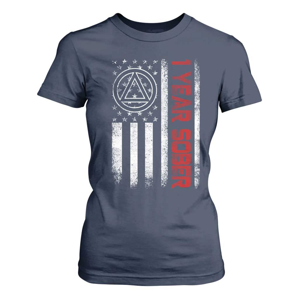 1 Year Sober T Shirt For Women 1 Year Sobriety Anniversary Vintage American Flag TS11 Navy Print Your Wear