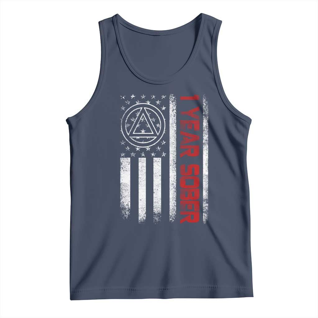 1 Year Sober Tank Top 1 Year Sobriety Anniversary Vintage American Flag TS11 Navy Print Your Wear