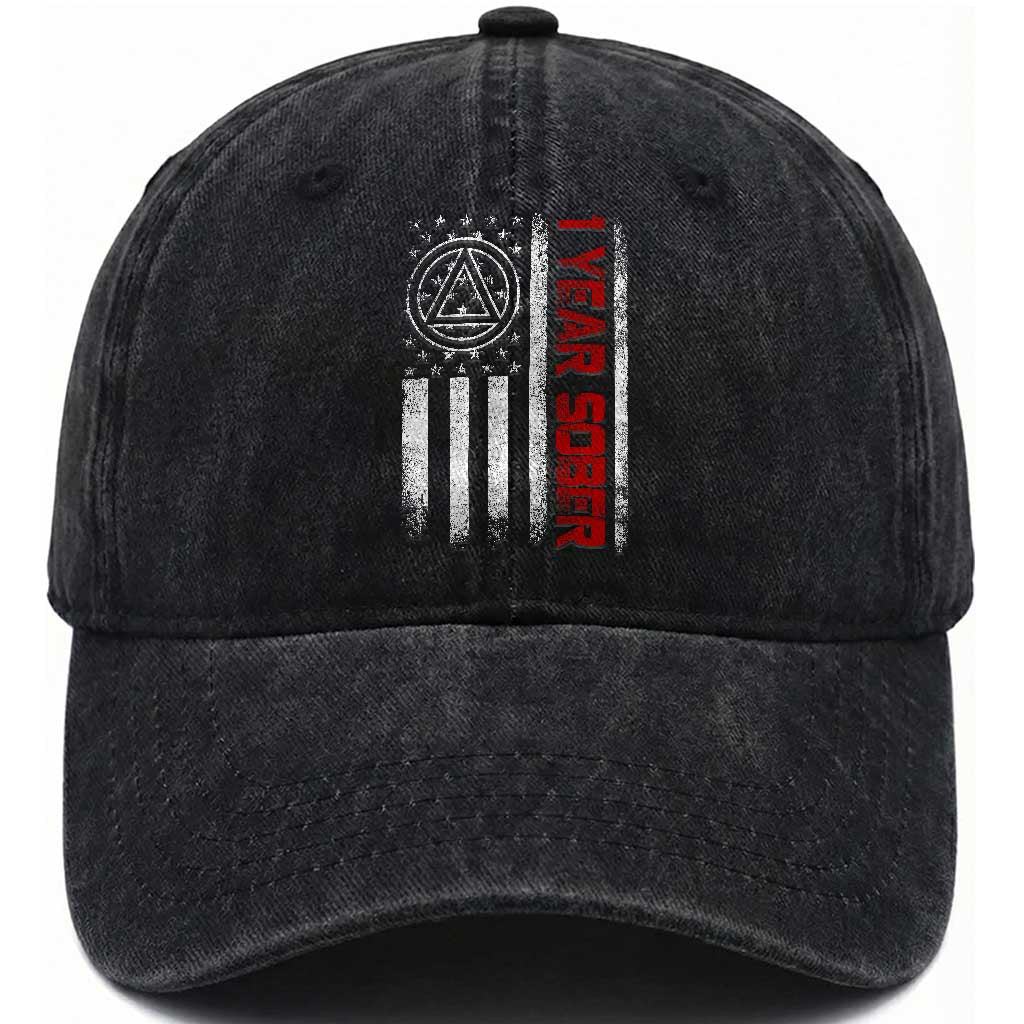 1 Year Sober Washed Cotton Baseball Cap 1 Year Sobriety Anniversary Vintage American Flag TS11 Print Your Wear