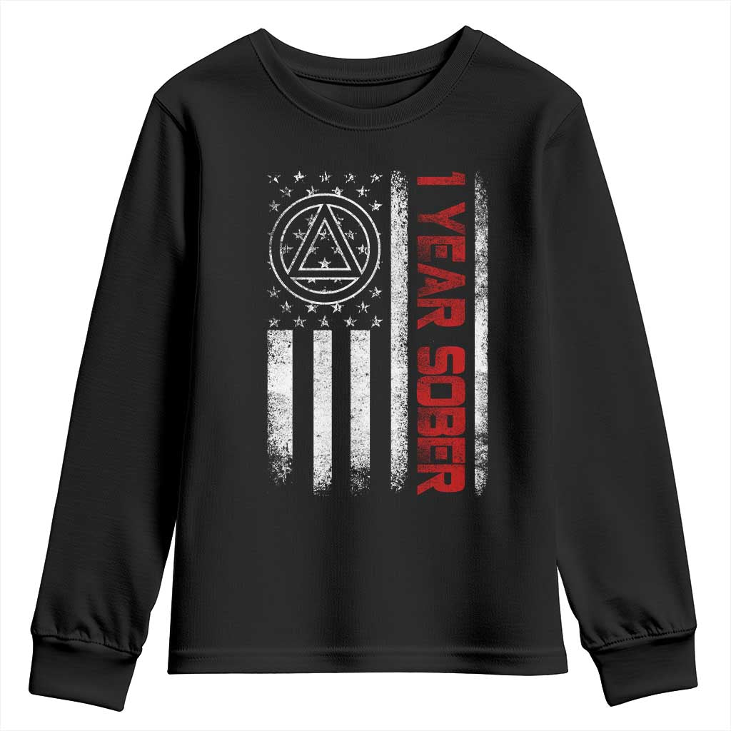 1 Year Sober Youth Sweatshirt 1 Year Sobriety Anniversary Vintage American Flag TS11 Black Print Your Wear