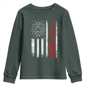 1 Year Sober Youth Sweatshirt 1 Year Sobriety Anniversary Vintage American Flag TS11 Dark Forest Green Print Your Wear
