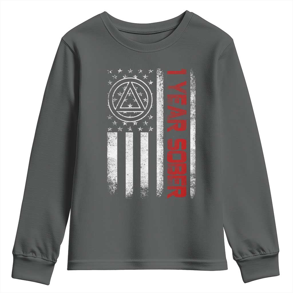 1 Year Sober Youth Sweatshirt 1 Year Sobriety Anniversary Vintage American Flag TS11 Dark Heather Print Your Wear