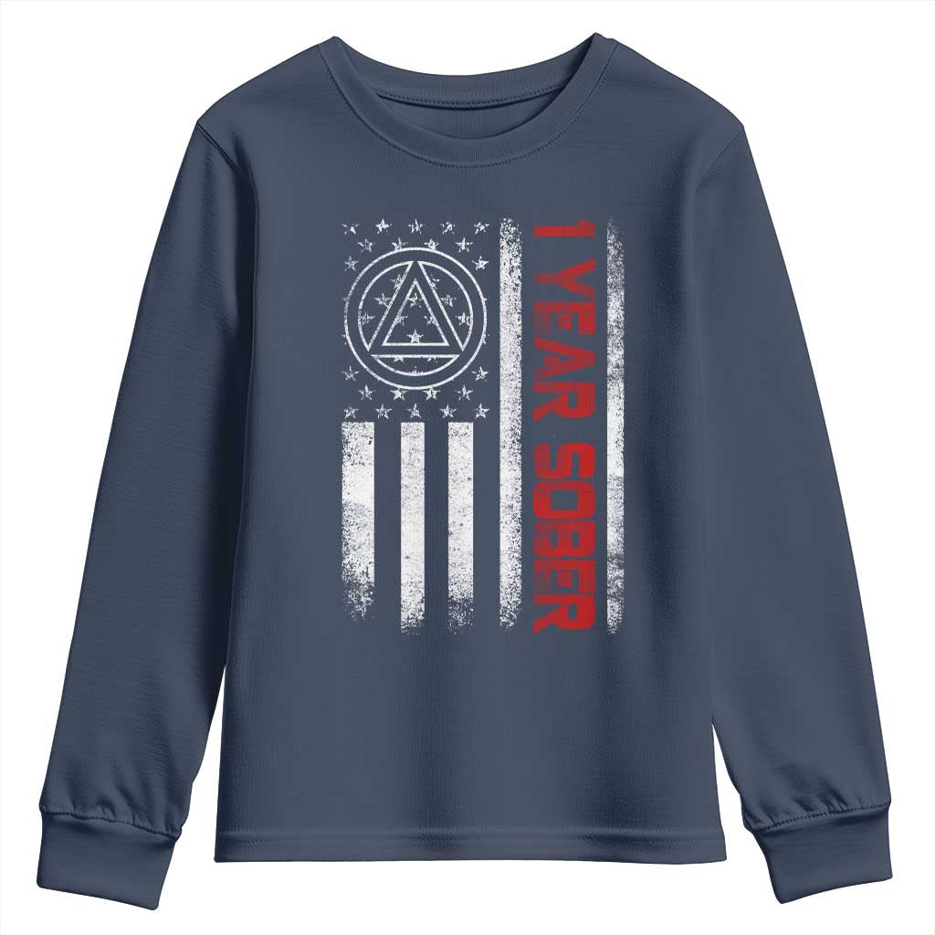 1 Year Sober Youth Sweatshirt 1 Year Sobriety Anniversary Vintage American Flag TS11 Navy Print Your Wear