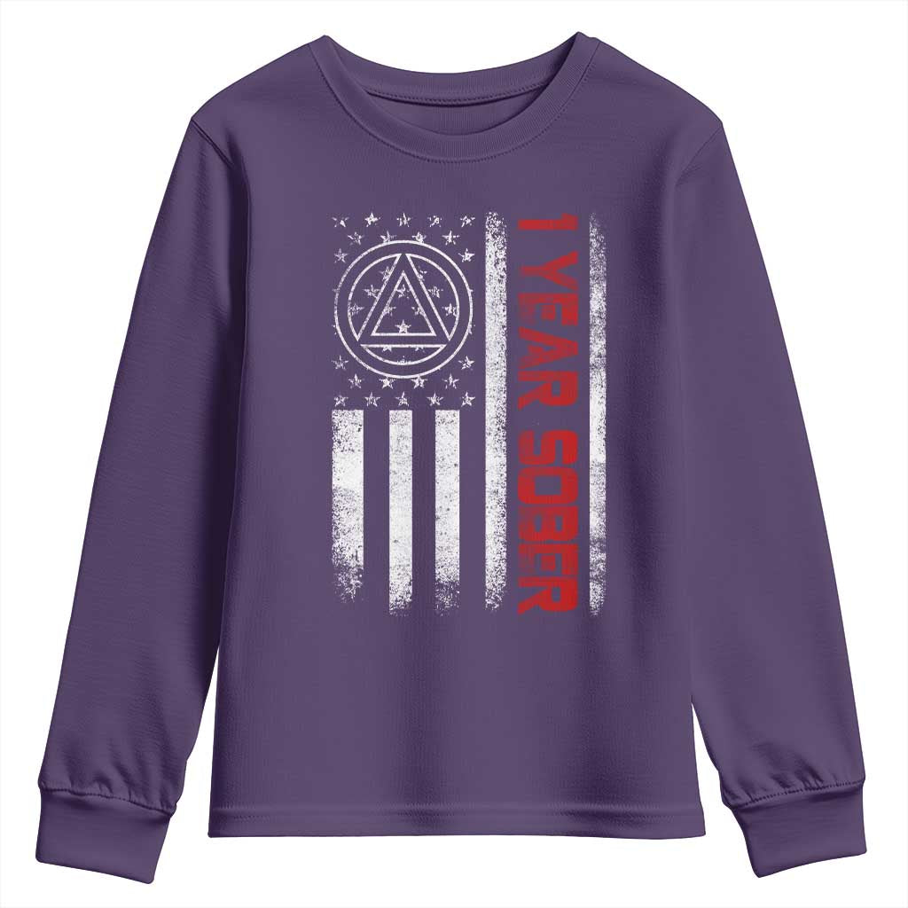 1 Year Sober Youth Sweatshirt 1 Year Sobriety Anniversary Vintage American Flag TS11 Purple Print Your Wear