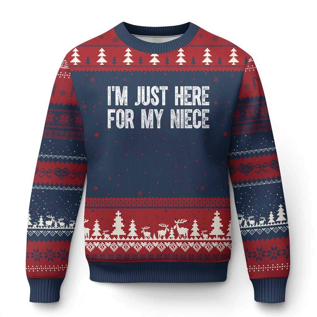 I Am Just Here For My Niece Ugly Christmas Sweater Funny Aunt and Uncle TS11 Navy Red Print Your Wear