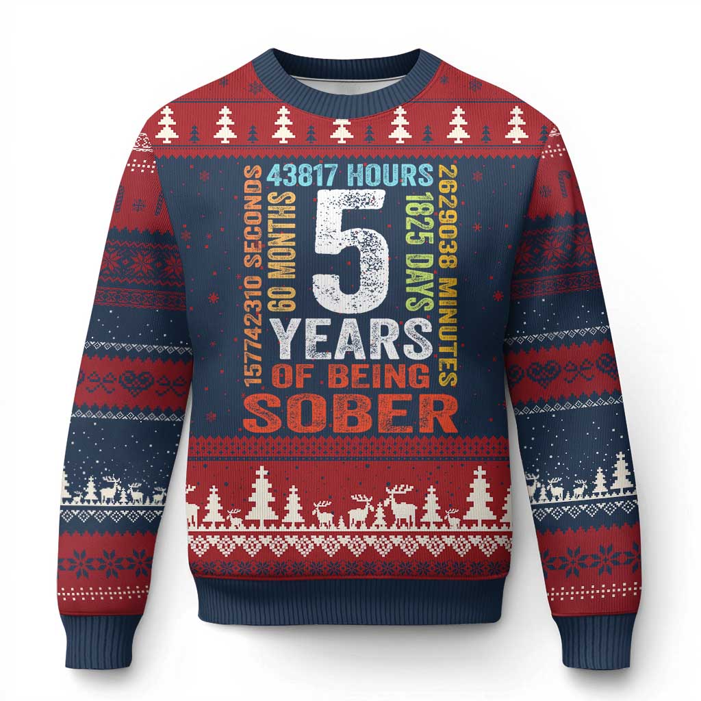 5 Years Of Being Sober Ugly Christmas Sweater 5 Years Sobriety Anniversary Addiction Recovery TS11 Navy Red Print Your Wear