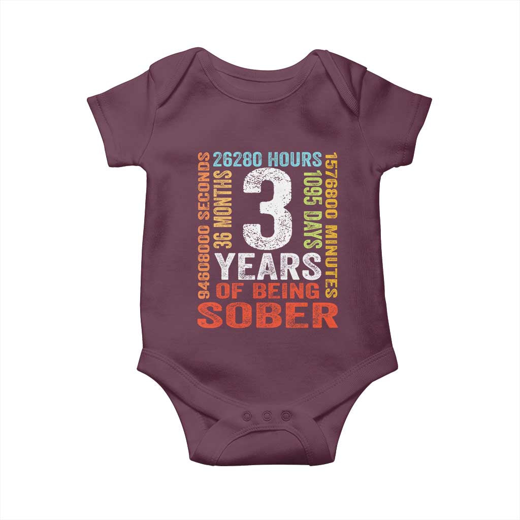 3 Years Of Being Sober Baby Onesie 3 Years Sobriety Anniversary Addiction Recovery TS11 Maroon Print Your Wear
