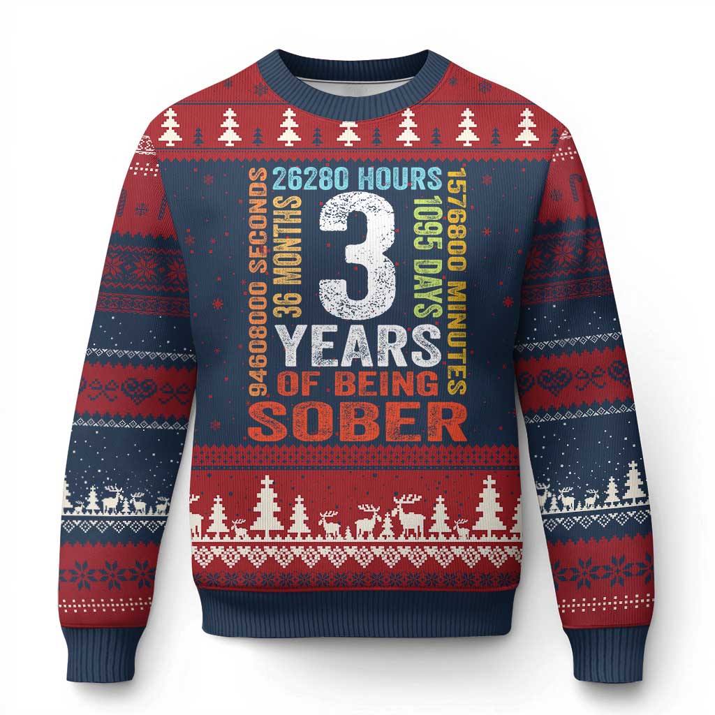 3 Years Of Being Sober Ugly Christmas Sweater 3 Years Sobriety Anniversary Addiction Recovery TS11 Navy Red Print Your Wear