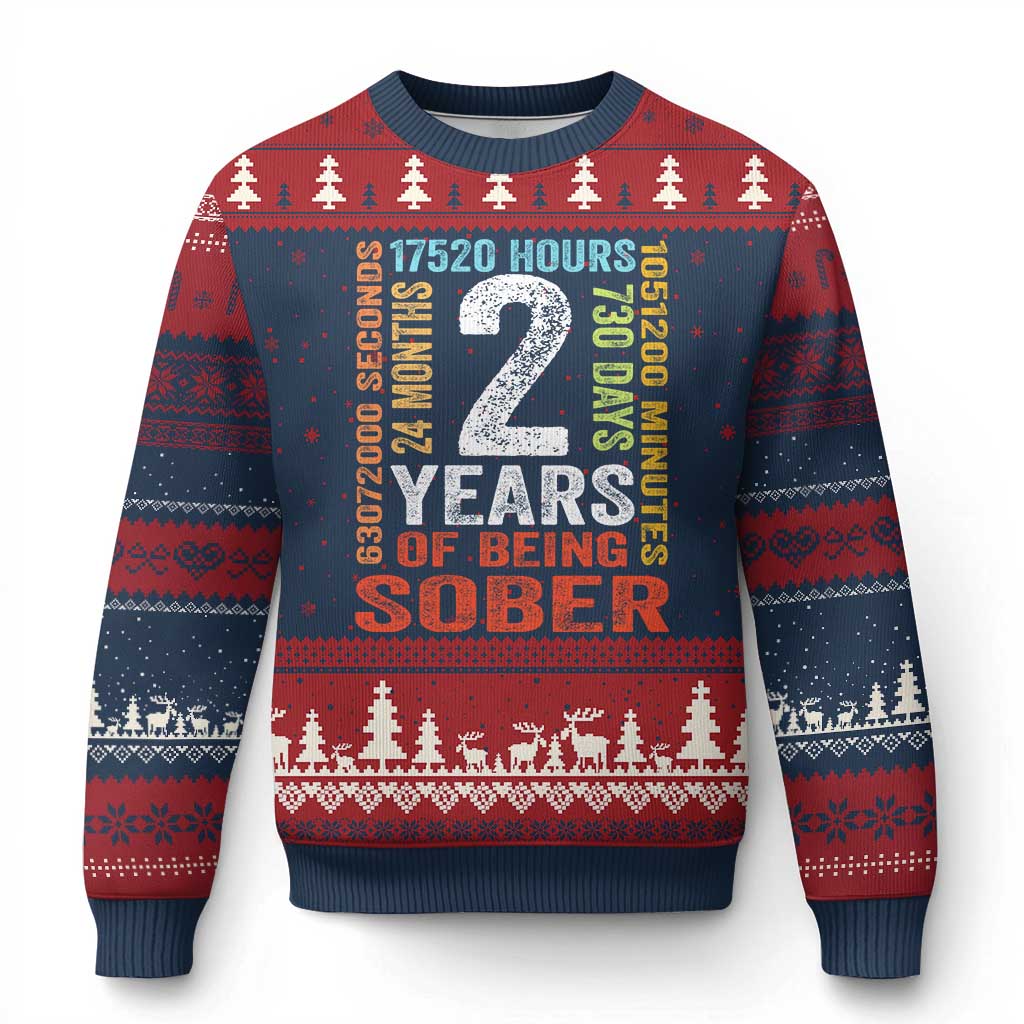 2 Years Of Being Sober Ugly Christmas Sweater 2 Years Sobriety Anniversary Addiction Recovery TS11 Navy Red Print Your Wear