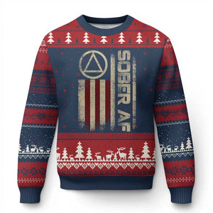 Sober AF Ugly Christmas Sweater Alcoholism Addiction Recovery Rehabilitation Vintage American Flag TS11 Navy Red Print Your Wear
