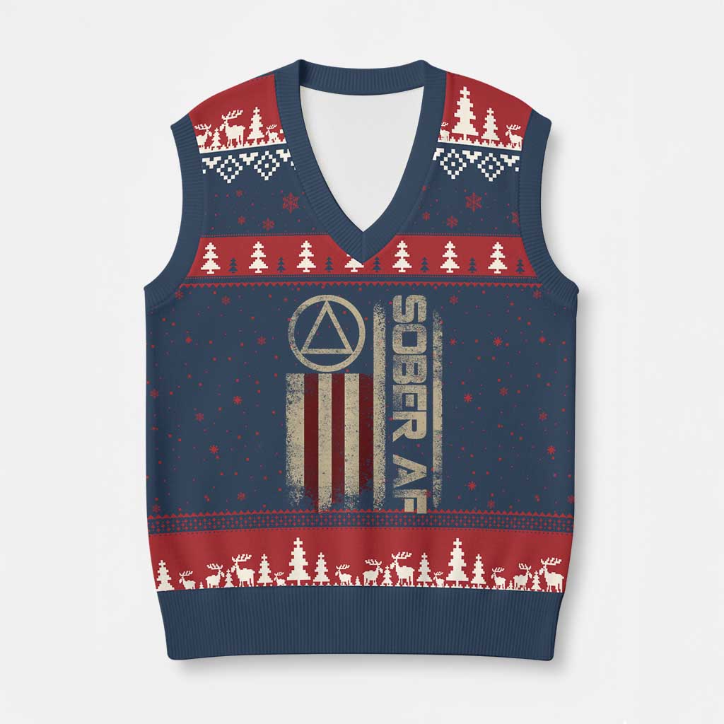 Sober AF V-Neck Knit Sweater Vest Alcoholism Addiction Recovery Rehabilitation Vintage American Flag TS11 Navy Red Print Your Wear