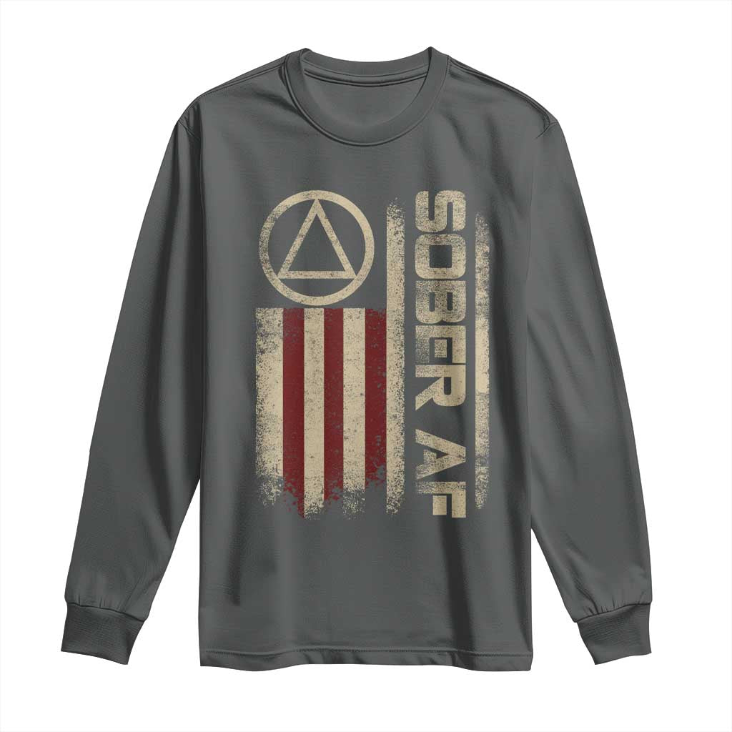 Sober AF Long Sleeve Shirt Alcoholism Addiction Recovery Rehabilitation Vintage American Flag TS11 Dark Heather Print Your Wear