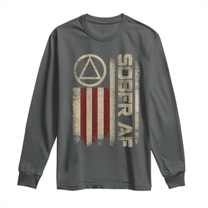 Sober AF Long Sleeve Shirt Alcoholism Addiction Recovery Rehabilitation Vintage American Flag TS11 Dark Heather Print Your Wear