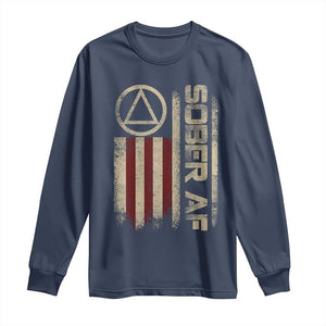 Sober AF Long Sleeve Shirt Alcoholism Addiction Recovery Rehabilitation Vintage American Flag TS11 Navy Print Your Wear