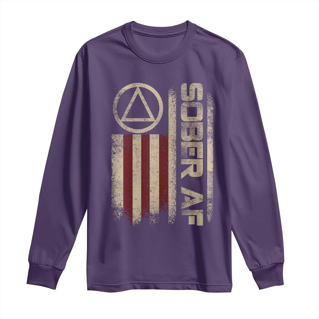 Sober AF Long Sleeve Shirt Alcoholism Addiction Recovery Rehabilitation Vintage American Flag TS11 Purple Print Your Wear