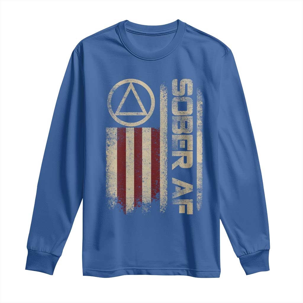 Sober AF Long Sleeve Shirt Alcoholism Addiction Recovery Rehabilitation Vintage American Flag TS11 Royal Blue Print Your Wear