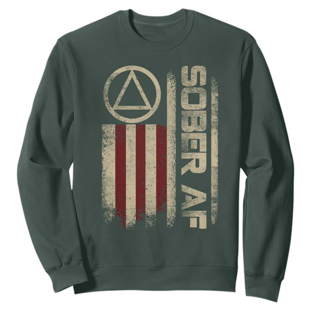 Sober AF Sweatshirt Alcoholism Addiction Recovery Rehabilitation Vintage American Flag TS11 Dark Forest Green Print Your Wear