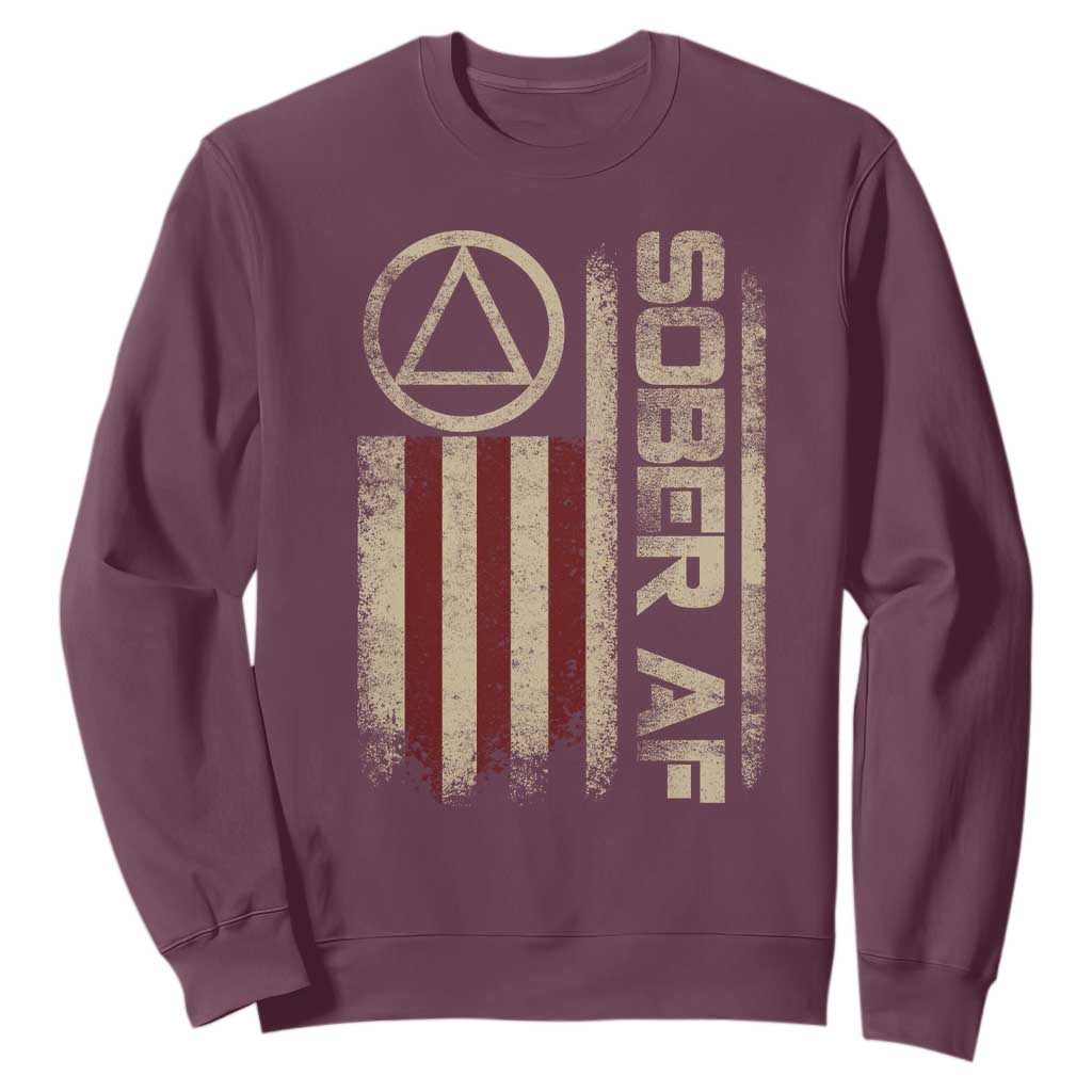 Sober AF Sweatshirt Alcoholism Addiction Recovery Rehabilitation Vintage American Flag TS11 Maroon Print Your Wear