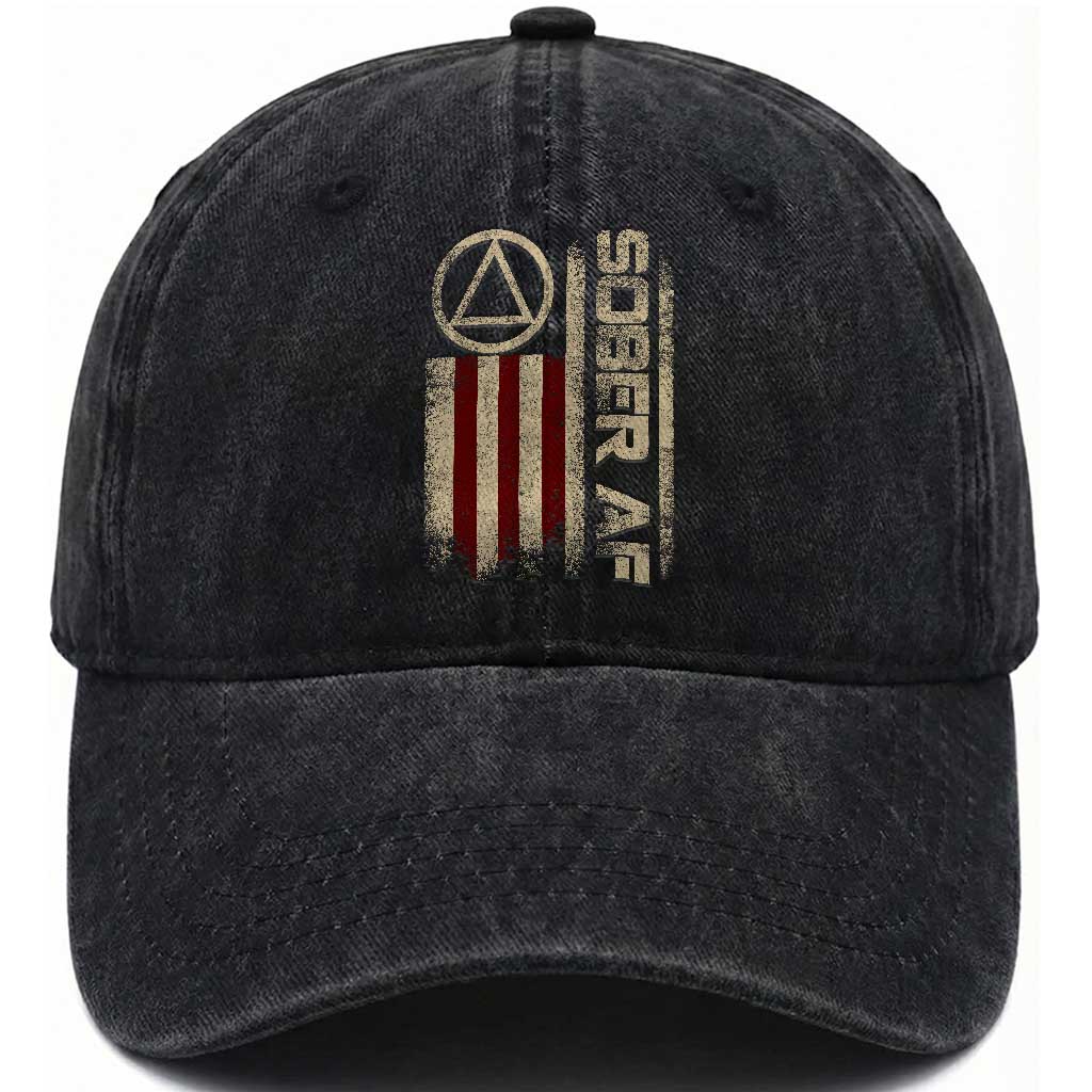 Sober AF Washed Cotton Baseball Cap Alcoholism Addiction Recovery Rehabilitation Vintage American Flag TS11 Print Your Wear