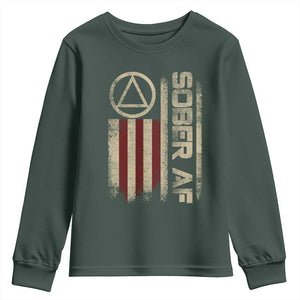 Sober AF Youth Sweatshirt Alcoholism Addiction Recovery Rehabilitation Vintage American Flag TS11 Dark Forest Green Print Your Wear
