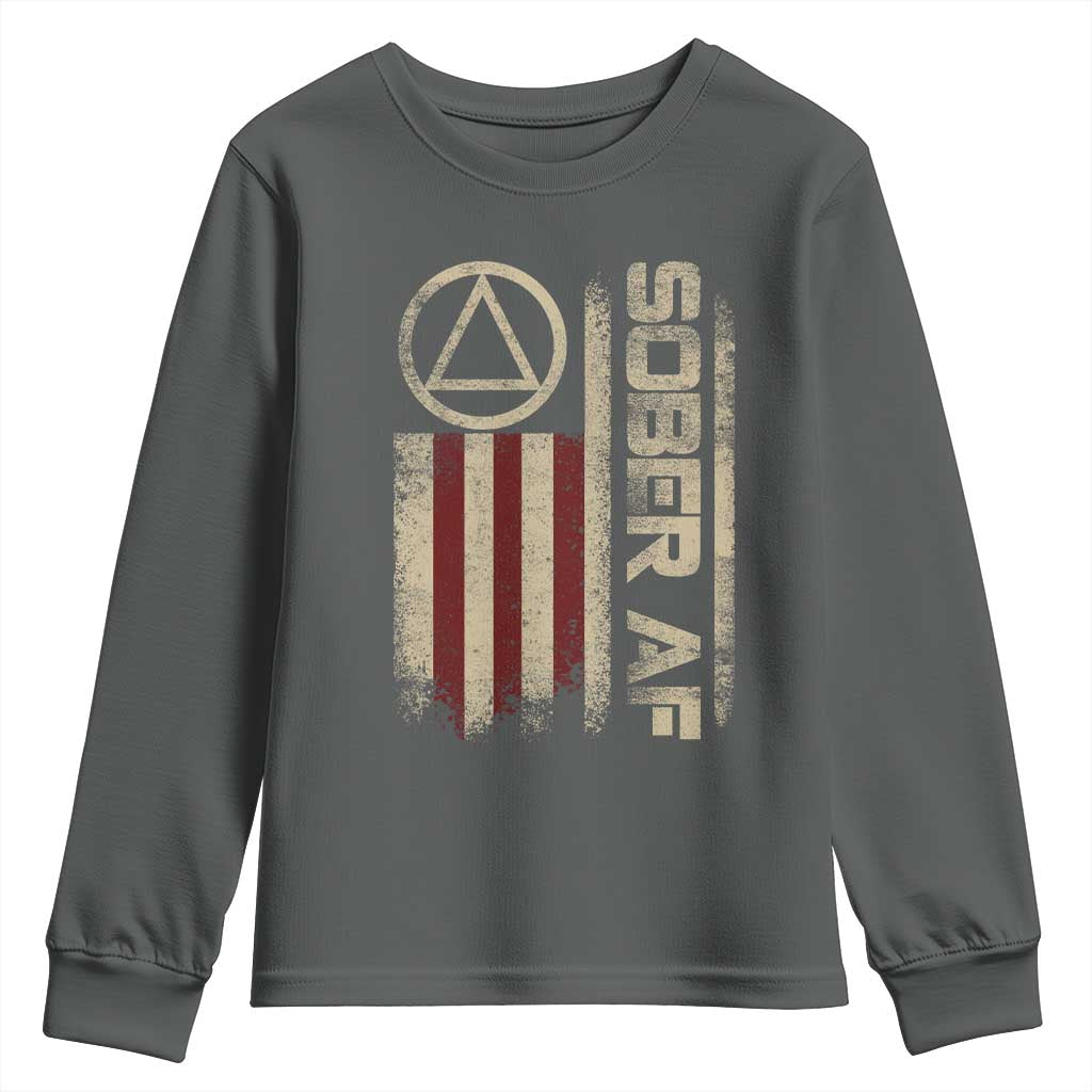 Sober AF Youth Sweatshirt Alcoholism Addiction Recovery Rehabilitation Vintage American Flag TS11 Dark Heather Print Your Wear