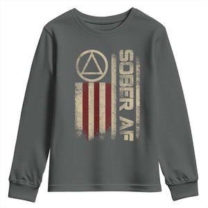 Sober AF Youth Sweatshirt Alcoholism Addiction Recovery Rehabilitation Vintage American Flag TS11 Dark Heather Print Your Wear