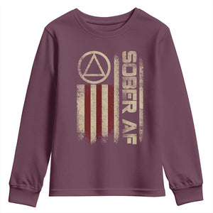Sober AF Youth Sweatshirt Alcoholism Addiction Recovery Rehabilitation Vintage American Flag TS11 Maroon Print Your Wear