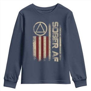 Sober AF Youth Sweatshirt Alcoholism Addiction Recovery Rehabilitation Vintage American Flag TS11 Navy Print Your Wear