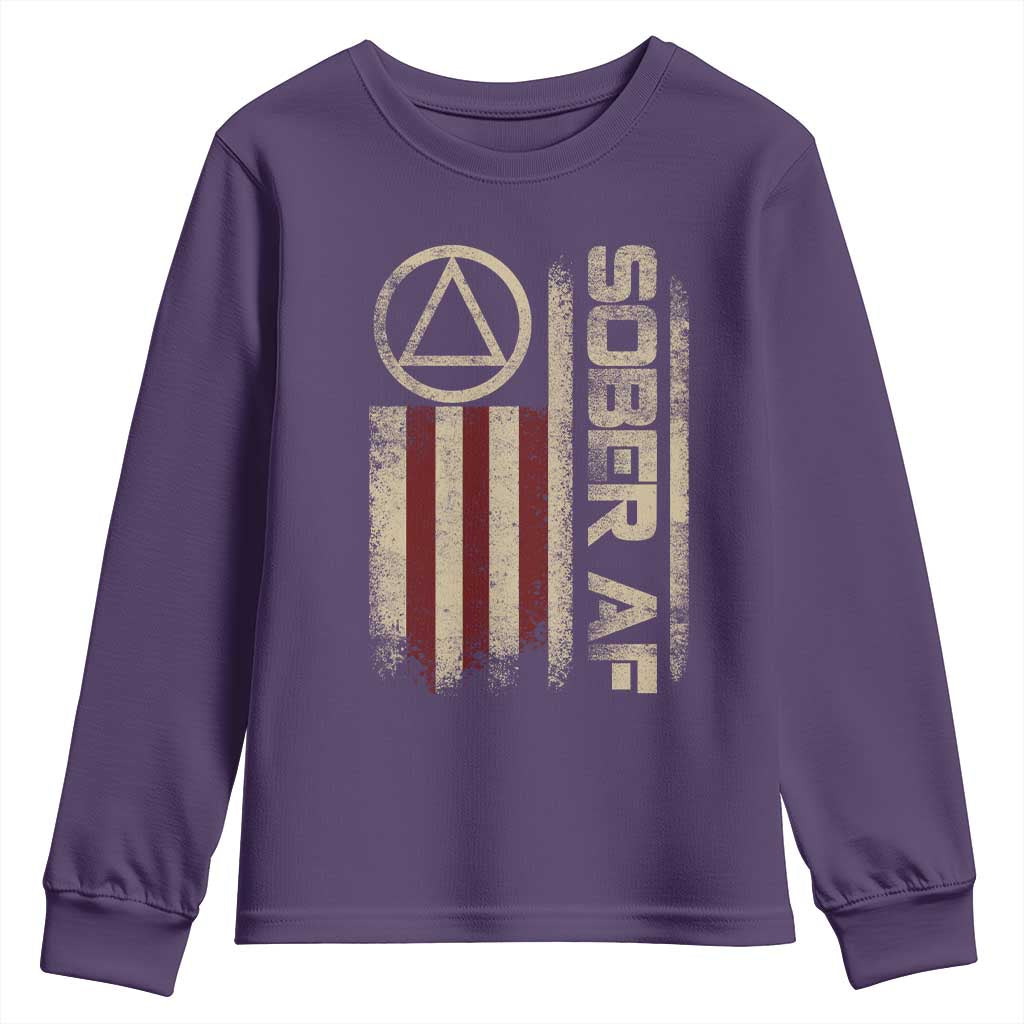Sober AF Youth Sweatshirt Alcoholism Addiction Recovery Rehabilitation Vintage American Flag TS11 Purple Print Your Wear
