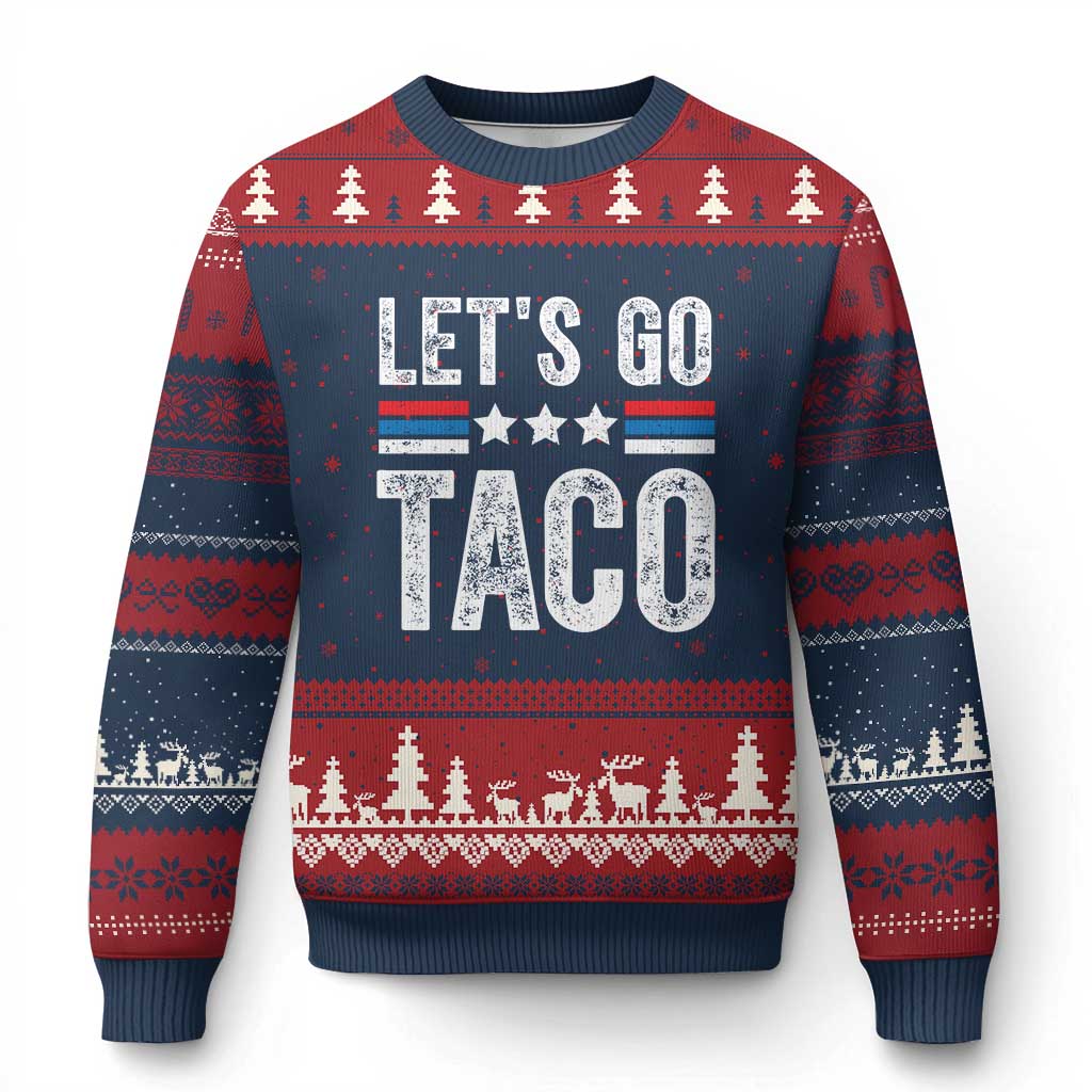 Funny Let's Go Taco Always Chickens Out Ugly Christmas Sweater Vintage Star Stripes TS11 Navy Red Print Your Wear