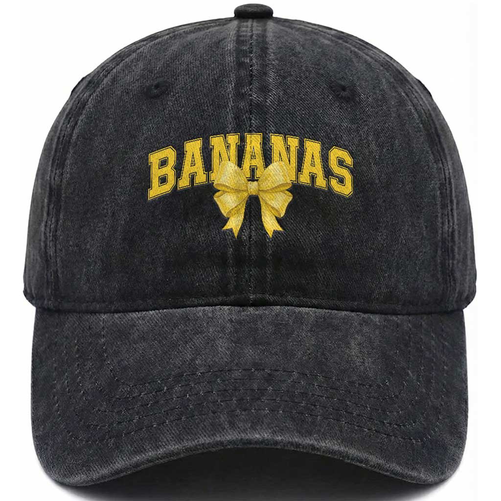 Funny Bananas Coquette Bow Baseball Player Washed Cotton Baseball Cap TS11 Washed Cap Universal Fit Black Print Your Wear