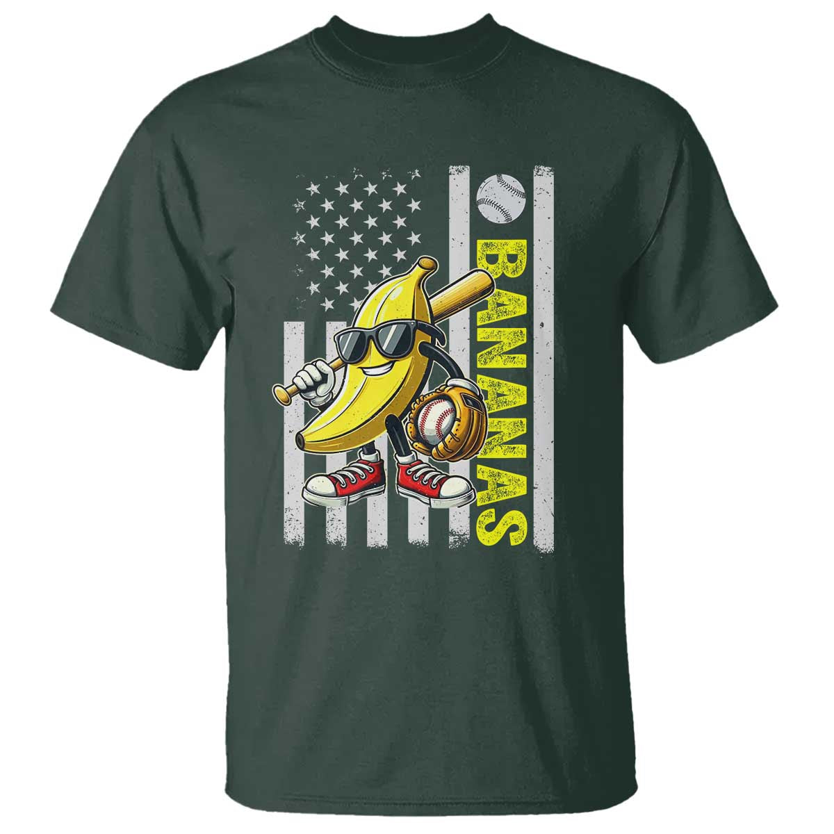 Funny Bananas Lover Baseball Vintage American Flag T Shirt TS11 Dark Forest Green Print Your Wear