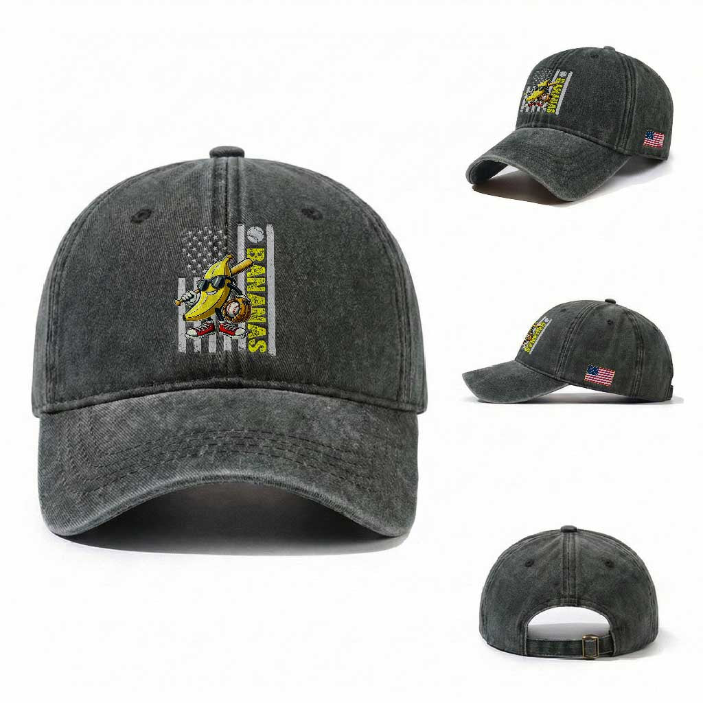 Funny Bananas Lover Baseball Vintage American Flag Washed Cotton Baseball Cap TS11 Washed Cap Universal Fit Dark Green Print Your Wear