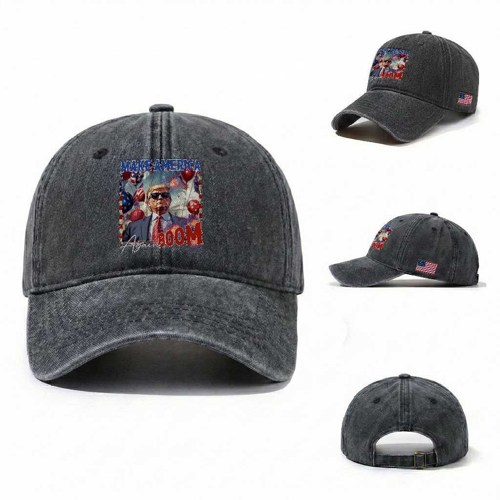 Funny Trump 4th of July Washed Cotton Baseball Cap Make America Boom Again American Flag TS11 Washed Cap Universal Fit Dark Gray Print Your Wear