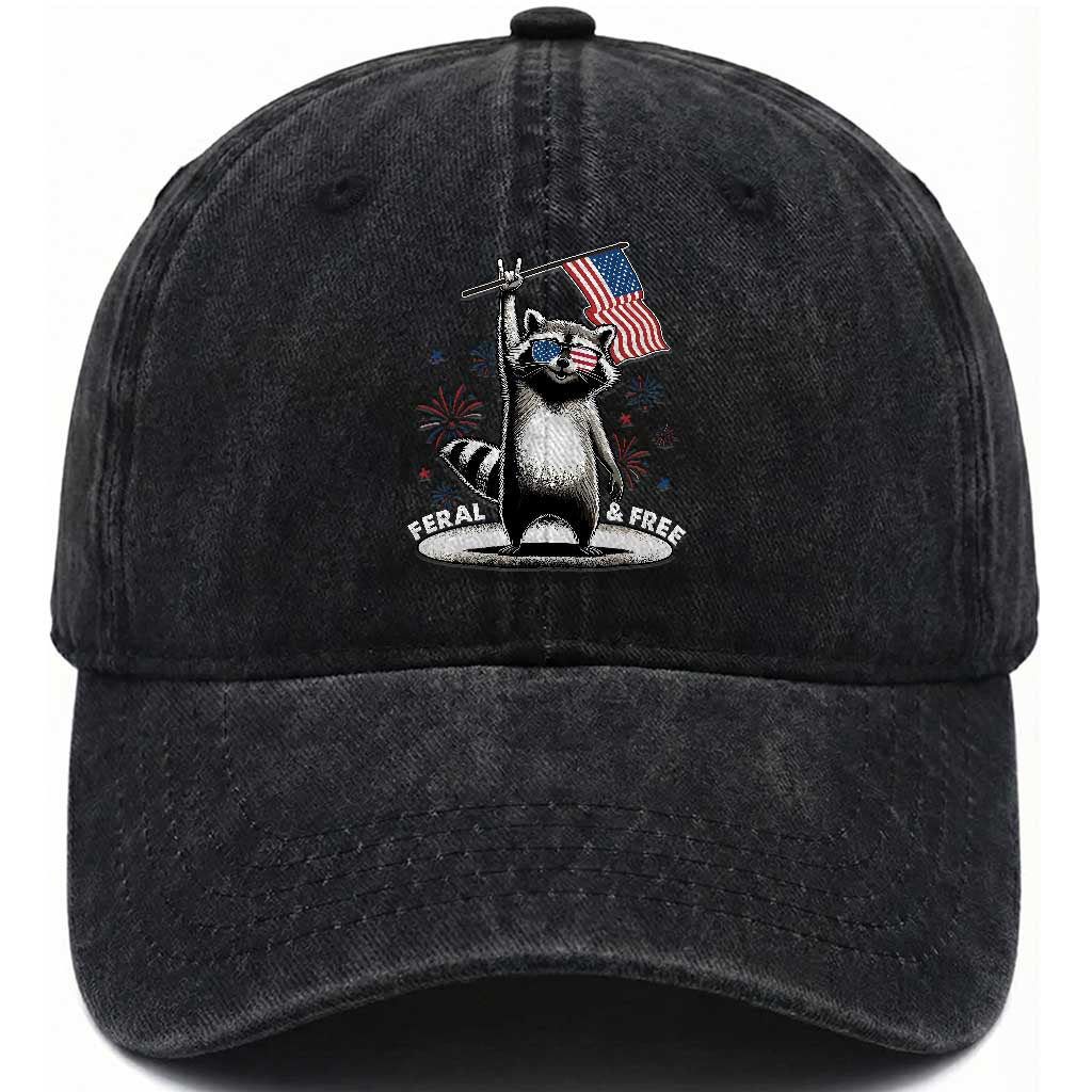 Funny Feral And Free Washed Cotton Baseball Cap 4th of July Patriotic Raccoon With American Flag Fireworks TS11 Washed Cap Universal Fit Black Print Your Wear