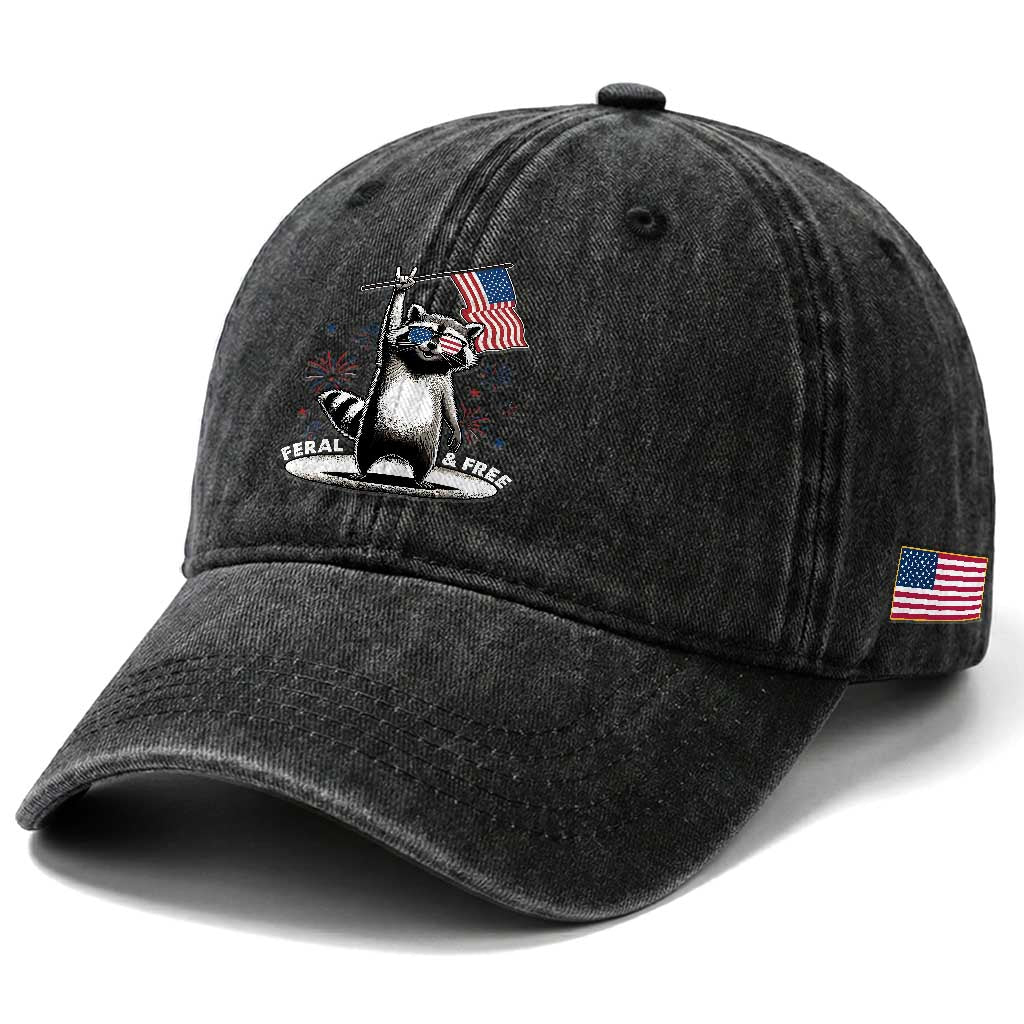 Funny Feral And Free Washed Cotton Baseball Cap 4th of July Patriotic Raccoon With American Flag Fireworks TS11 Print Your Wear
