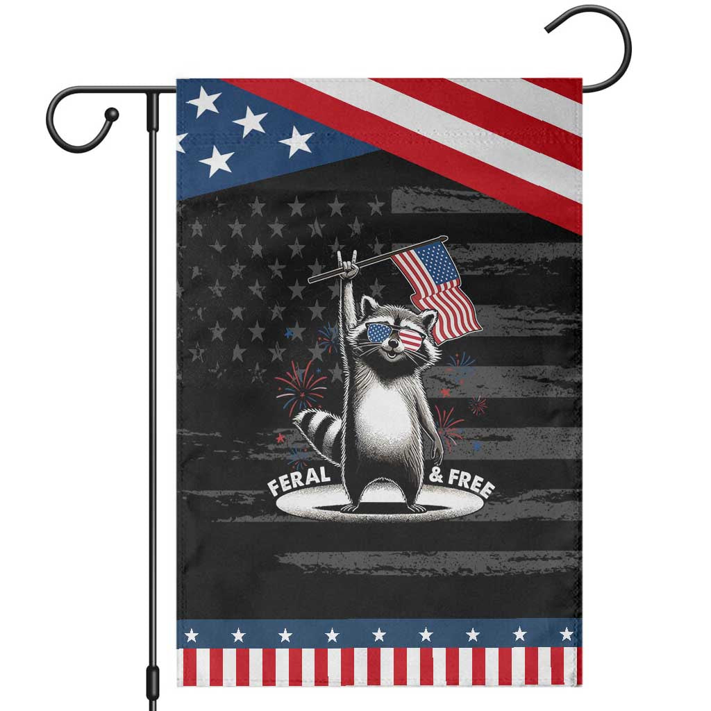 Funny Feral And Free Garden Flag 4th of July Patriotic Raccoon With American Flag Fireworks TS11 Distressed Black Blue Print Your Wear