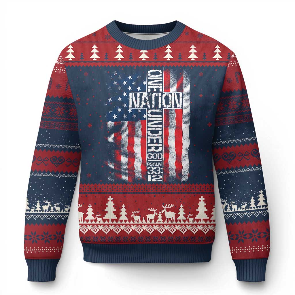 One Nation Under God Ugly Christmas Sweater 4th Of July Patriotic Christian Vintage Cross American Flag TS11 Navy Red Print Your Wear