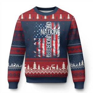One Nation Under God Ugly Christmas Sweater 4th Of July Patriotic Christian Vintage Cross American Flag TS11 Navy Red Print Your Wear
