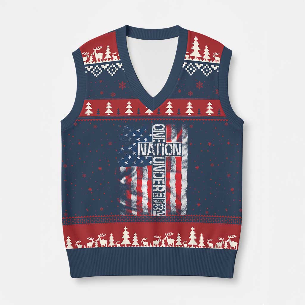 One Nation Under God V-Neck Knit Sweater Vest 4th Of July Patriotic Christian Vintage Cross American Flag TS11 Navy Red Print Your Wear