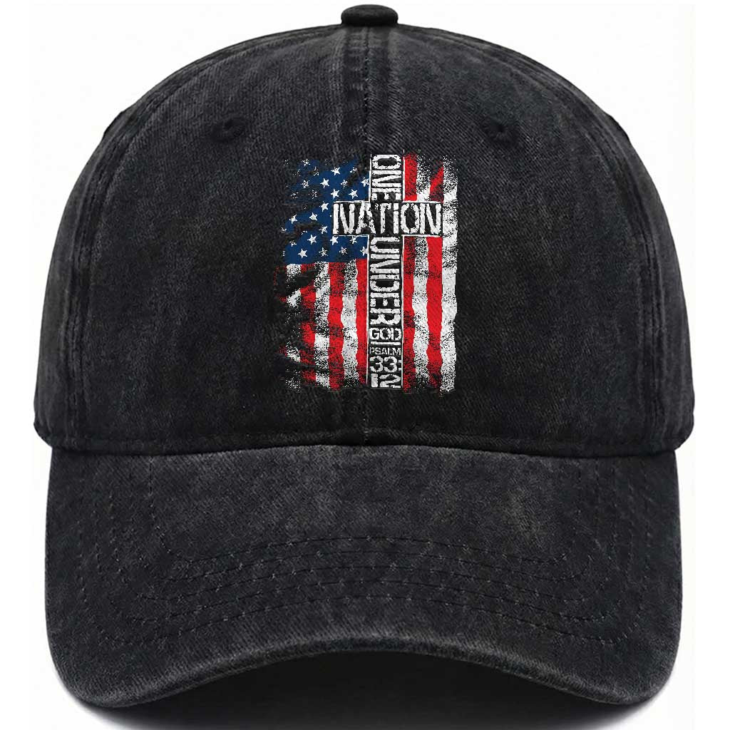 One Nation Under God Washed Cotton Baseball Cap 4th Of July Patriotic Christian Vintage Cross American Flag TS11 Washed Cap Universal Fit Black Print Your Wear