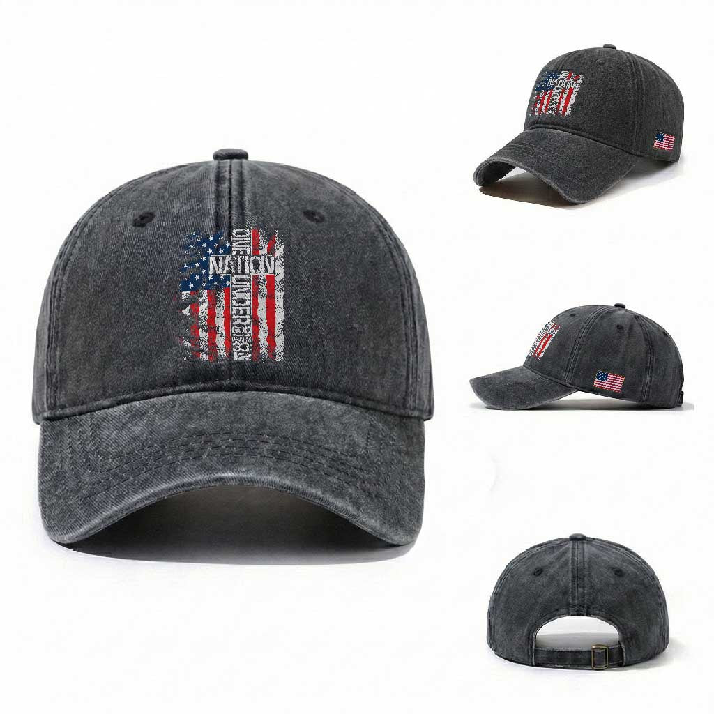 One Nation Under God Washed Cotton Baseball Cap 4th Of July Patriotic Christian Vintage Cross American Flag TS11 Washed Cap Universal Fit Dark Gray Print Your Wear