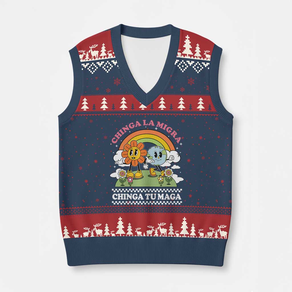Chinga La Migra Chinga Tu Maga V-Neck Knit Sweater Vest Immigration Rights TS11 Navy Red Print Your Wear