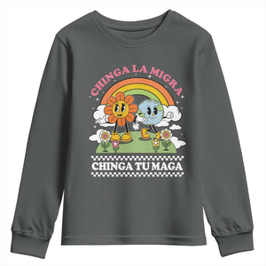 Chinga La Migra Chinga Tu Maga Youth Sweatshirt Immigration Rights TS11 Dark Heather Print Your Wear