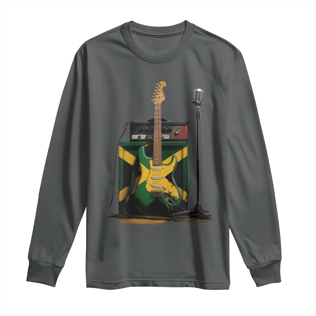 Reggae Guitar Jamaican Flag Amp Microphone Music Lover Long Sleeve Shirt TS11 Dark Heather Print Your Wear