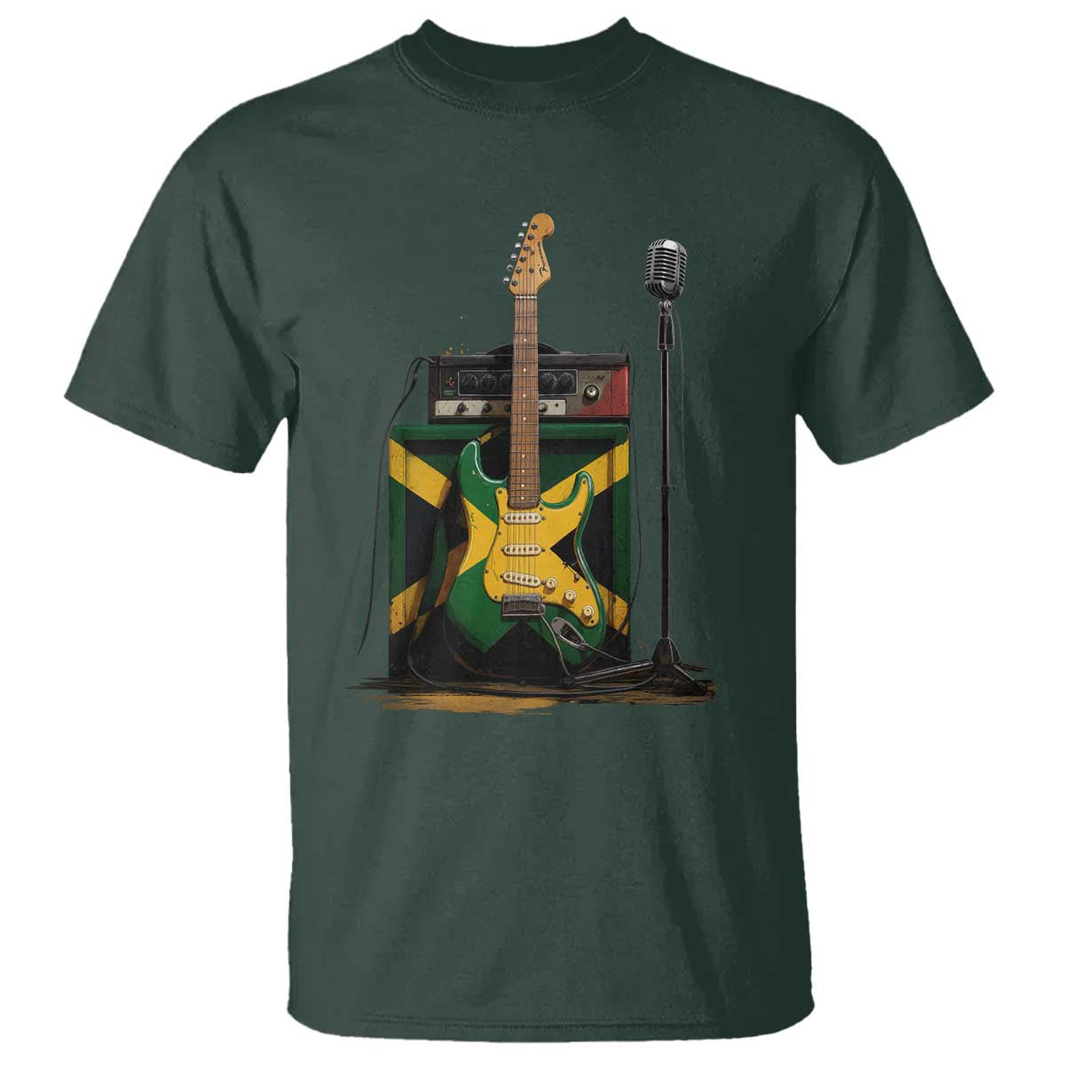 Reggae Guitar Jamaican Flag Amp Microphone Music Lover T Shirt TS11 Dark Forest Green Print Your Wear