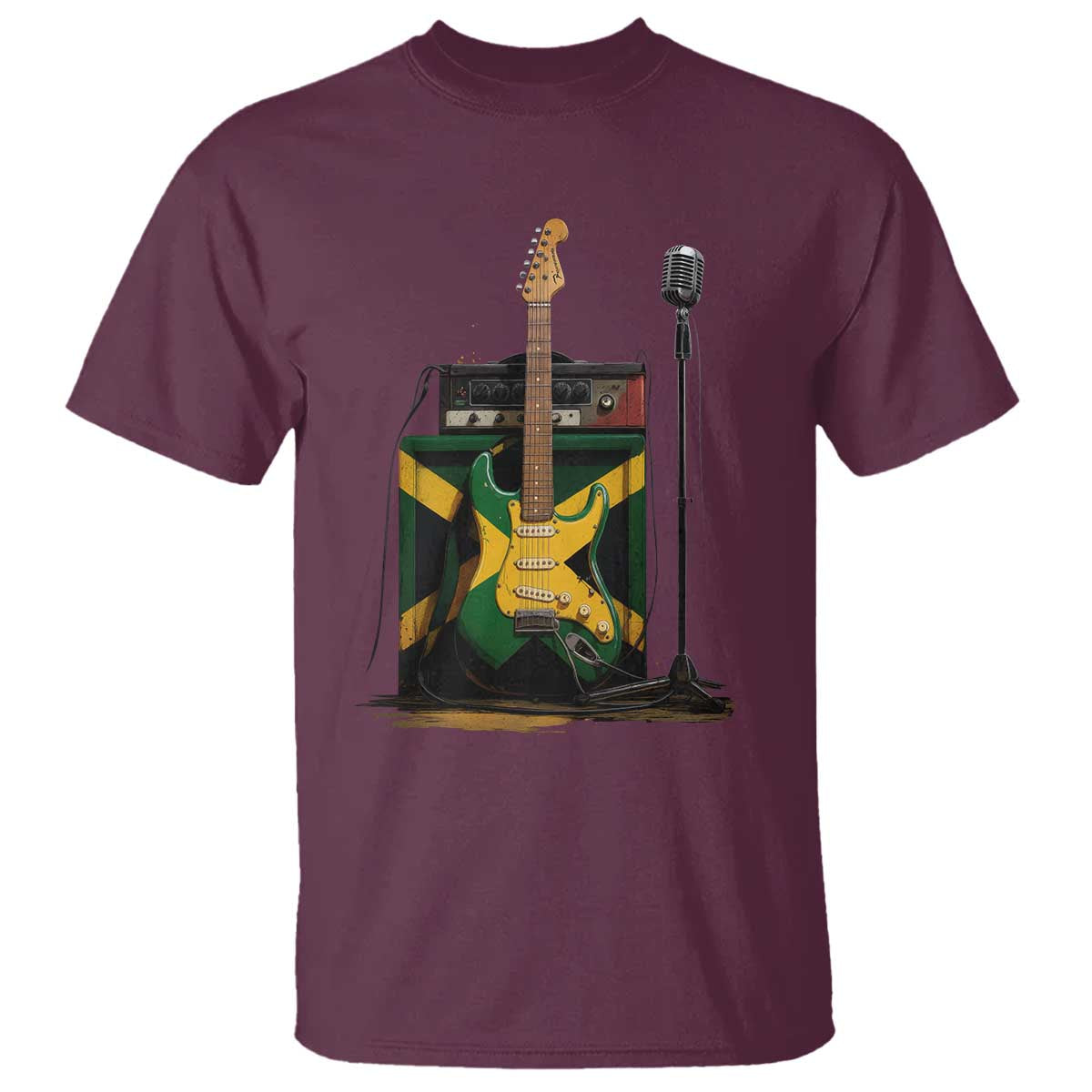 Reggae Guitar Jamaican Flag Amp Microphone Music Lover T Shirt TS11 Maroon Print Your Wear