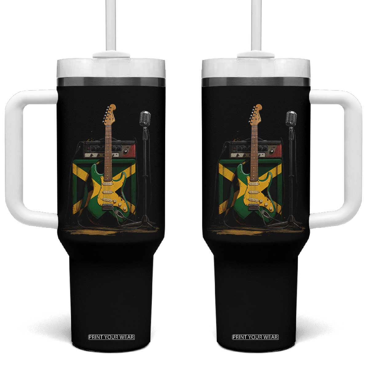 Reggae Guitar Jamaican Flag Amp Microphone Music Lover Tumbler With Handle TS11 One Size: 40 oz Black Print Your Wear